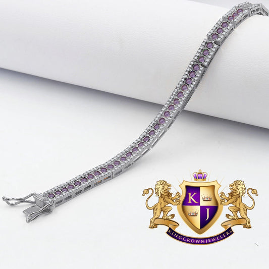Real Genuine White Gold Sterling Silver Purple Amethyst Tennis Bracelet Unisex