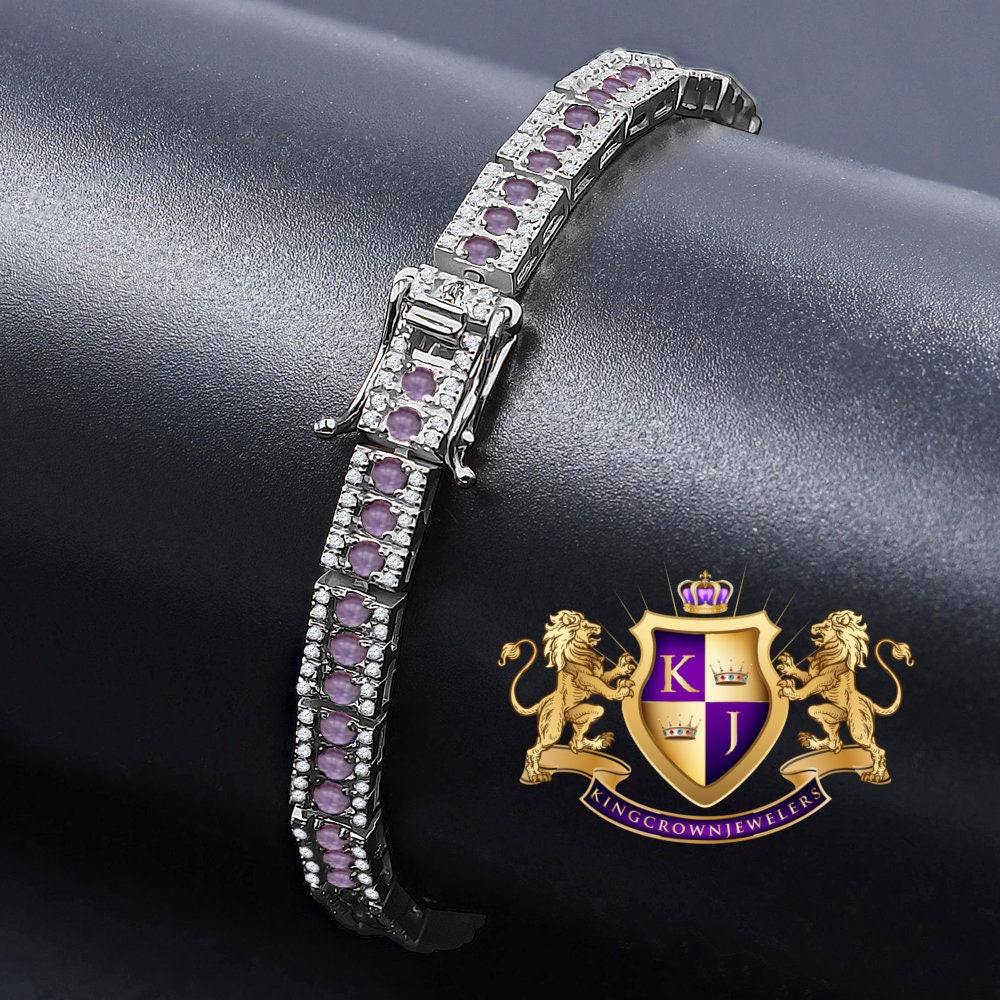 Real Genuine White Gold Sterling Silver Purple Amethyst Tennis Bracelet Unisex