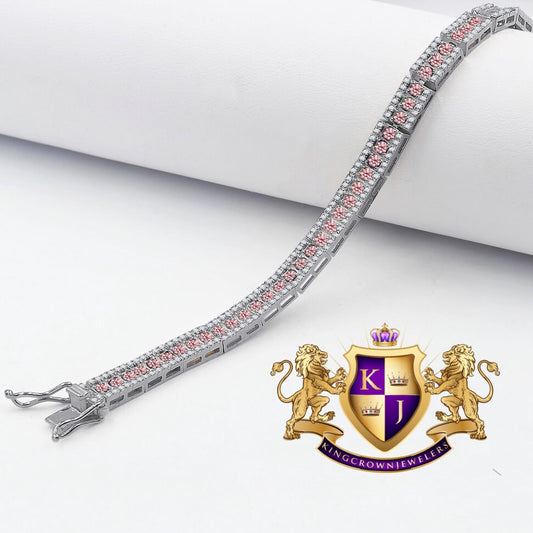 Real Genuine White Gold Sterling Silver Pink Tourmaline Tennis Bracelet Unisex