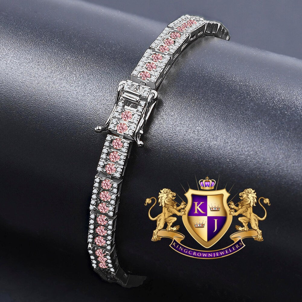 Real Genuine White Gold Sterling Silver Pink Tourmaline Tennis Bracelet Unisex