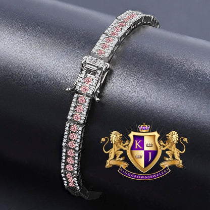 Real Genuine White Gold Sterling Silver Pink Tourmaline Tennis Bracelet Unisex