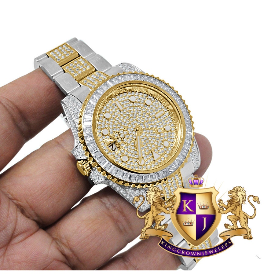 Baguette Solid Stainless Steel 2 Tone Yellow Gold Simulated Diamond Mens Watch 40mm W/Date