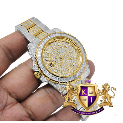 Baguette Solid Stainless Steel 2 Tone Yellow Gold Simulated Diamond Mens Watch 40mm W/Date