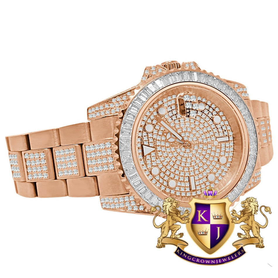 Baguette Solid Stainless Steel 18K Rose Gold Finish Simulated Diamond Mens Watch 40mm W/Date