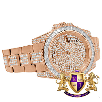 Baguette Solid Stainless Steel 18K Rose Gold Finish Simulated Diamond Mens Watch 40mm W/Date