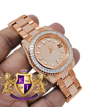 Baguette Solid Stainless Steel 18K Rose Gold Finish Simulated Diamond Mens Watch 40mm W/Date