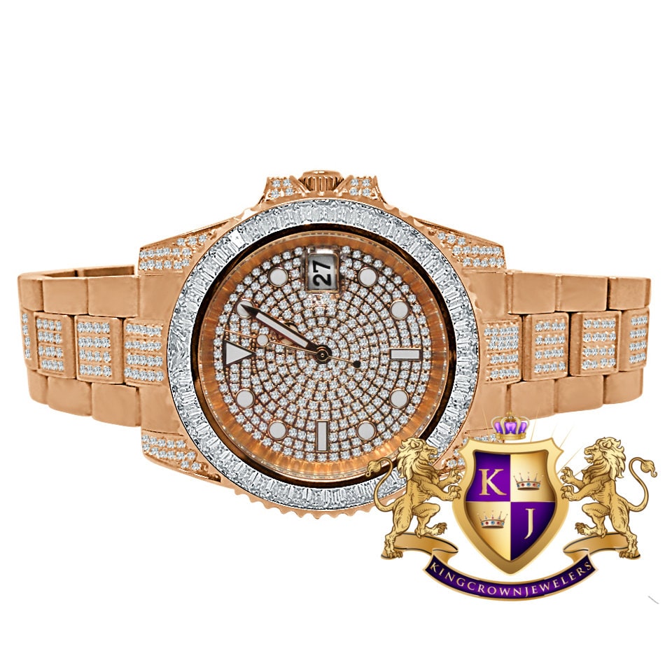 Baguette Solid Stainless Steel 18K Rose Gold Finish Simulated Diamond Mens Watch 40mm W/Date