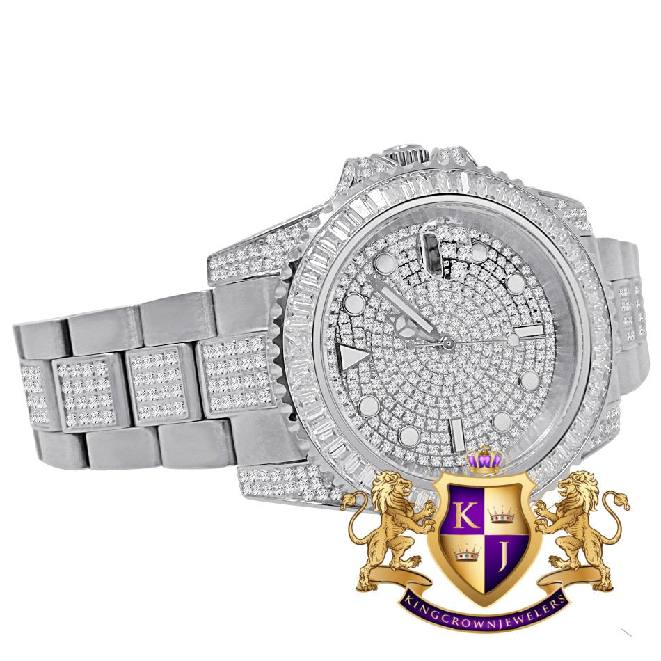 Baguette Solid Stainless Steel 18K White Gold Finish Simulated Diamond Mens Watch 40mm W/Date