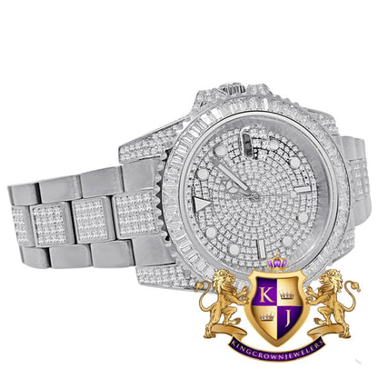 Baguette Solid Stainless Steel 18K White Gold Finish Simulated Diamond Mens Watch 40mm W/Date