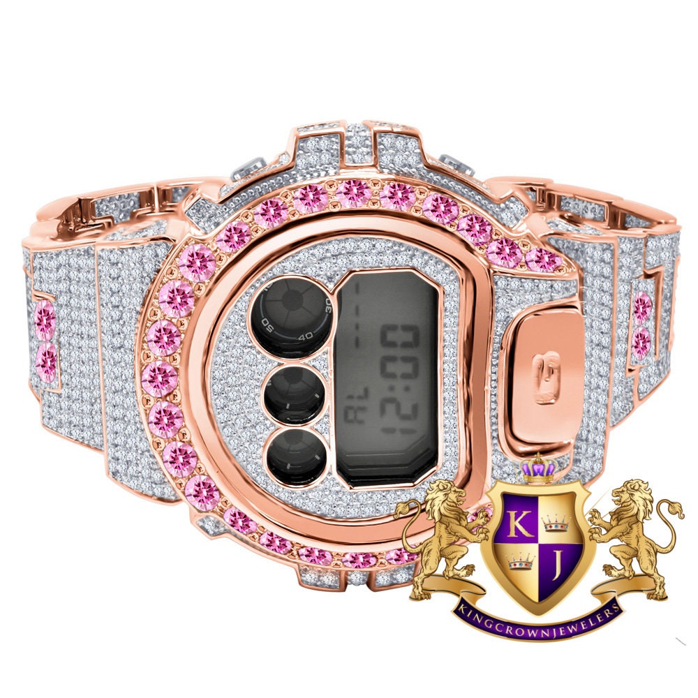 Pink Solitaire Rose Gold Tone Simulated Diamond G Shock Casio DW-6900 Mens Custom Watch