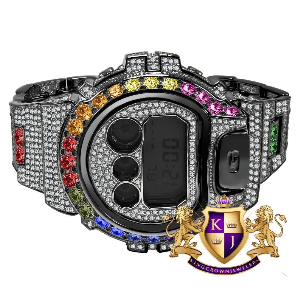 Rainbow Multi Solitaire Black Gold Tone Simulated Diamond G Shock Casio DW-6900 Mens Custom Watch