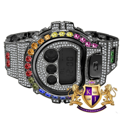 Rainbow Multi Solitaire Black Gold Tone Simulated Diamond G Shock Casio DW-6900 Mens Custom Watch
