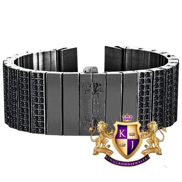 Men's 133+ Grams Solid Stainless Steel 18K Black Gold Finish CNC Set 18.00 Cwt. Simulated Diamond Custom Watch Band 24mm
