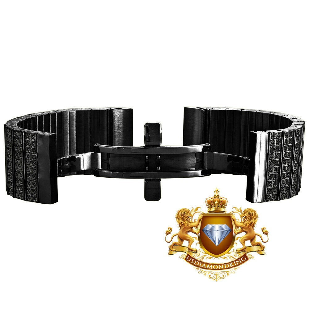 Men's 133+ Grams Solid Stainless Steel 18K Black Gold Finish CNC Set 18.00 Cwt. Simulated Diamond Custom Watch Band 24mm