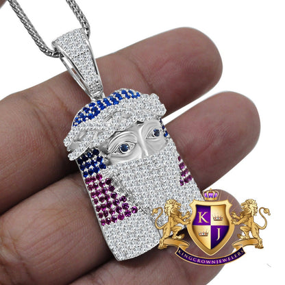 Multi Tone Real White Sterling Silver Jesus Face Wearing Mask Simulated Diamond Pendent Charm + Chain