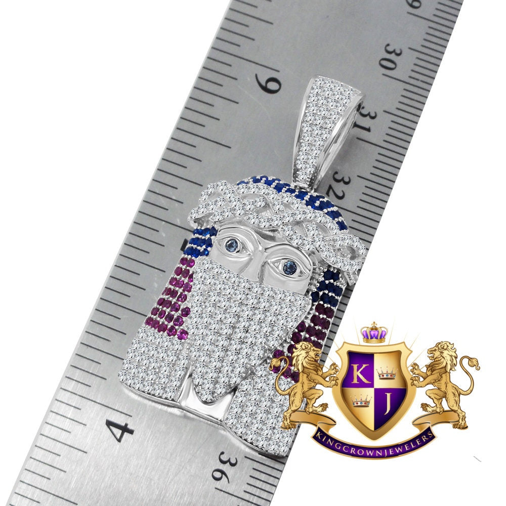 Multi Tone Real White Sterling Silver Jesus Face Wearing Mask Simulated Diamond Pendent Charm + Chain