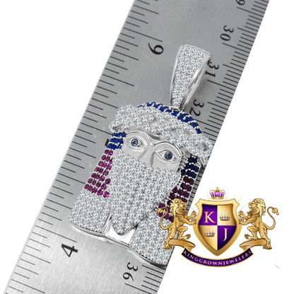 Multi Tone Real White Sterling Silver Jesus Face Wearing Mask Simulated Diamond Pendent Charm + Chain