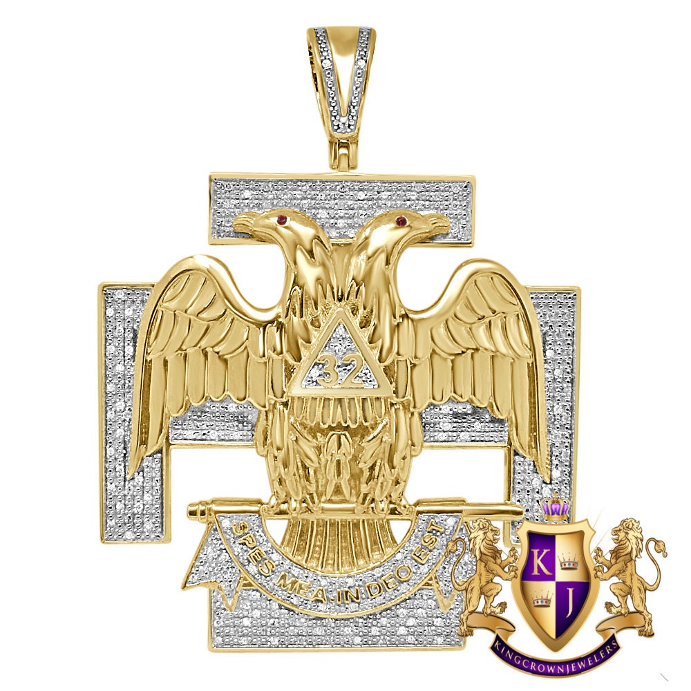Men's Real Genuine Diamond 0.60 Cwt. 32 Degree Scottish Rite Masonic Freemason Custom Pendent 10K Gold Over Charm Big XL 2.5'' 33 + Grams