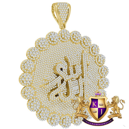Exclusive Custom Piece Big XL 3.75'' Allah God Muslim Flower Medallion Simulated Diamond Gold Tone Pendent Charm