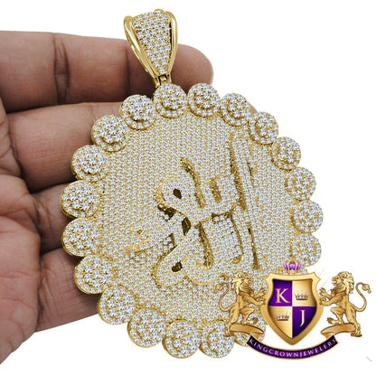 Exclusive Custom Piece Big XL 3.75'' Allah God Muslim Flower Medallion Simulated Diamond Gold Tone Pendent Charm