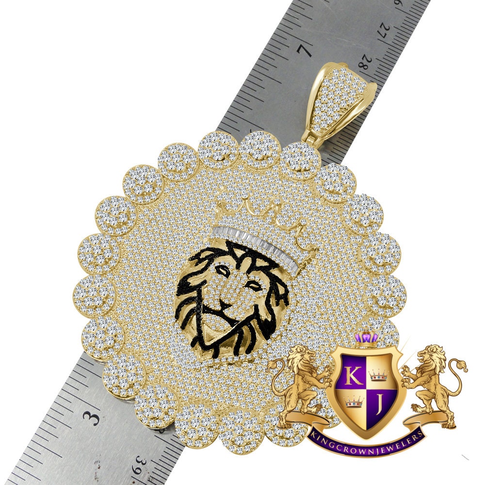 Big Jumbo 3.75'' Custom Piece Lion King Crown Head Flower Medallion Simulated Diamond Pendent Charm