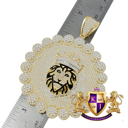 Big Jumbo 3.75'' Custom Piece Lion King Crown Head Flower Medallion Simulated Diamond Pendent Charm