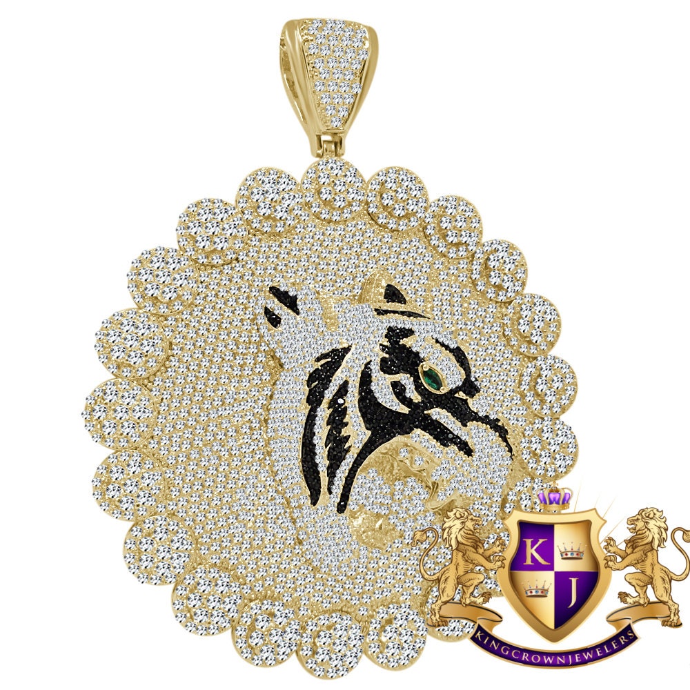 Mens Big XL 3.75'' Custom Piece Lion Snarling Head Flower Medallion 2 Tone Pendent Simulated Diamond Charm