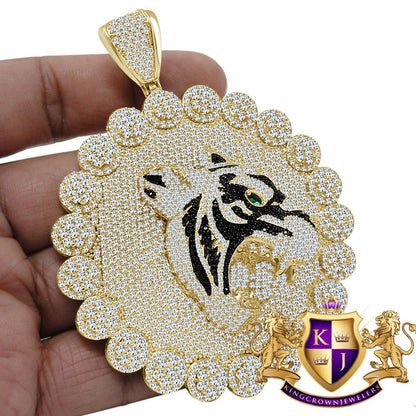 Mens Big XL 3.75'' Custom Piece Lion Snarling Head Flower Medallion 2 Tone Pendent Simulated Diamond Charm