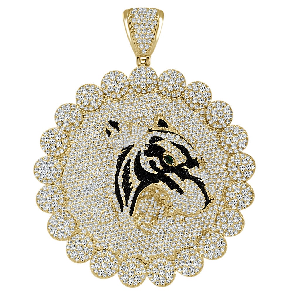 Mens Big XL 3.75'' Custom Piece Lion Snarling Head Flower Medallion 2 Tone Pendent Simulated Diamond Charm