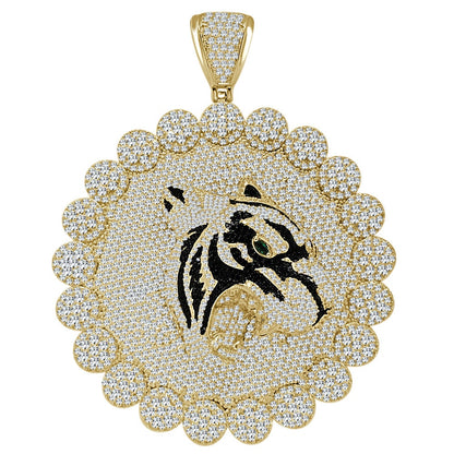 Mens Big XL 3.75'' Custom Piece Lion Snarling Head Flower Medallion 2 Tone Pendent Simulated Diamond Charm