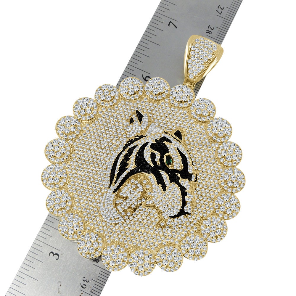 Mens Big XL 3.75'' Custom Piece Lion Snarling Head Flower Medallion 2 Tone Pendent Simulated Diamond Charm