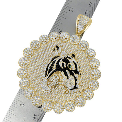 Mens Big XL 3.75'' Custom Piece Lion Snarling Head Flower Medallion 2 Tone Pendent Simulated Diamond Charm