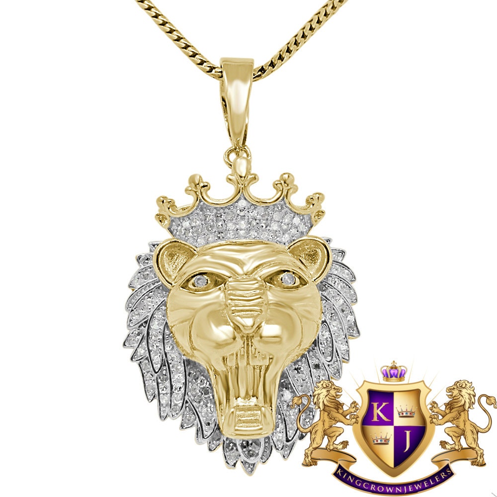 Real Genuine Authentic Diamond 1.00 Cwt. 15+ Grams Lion Head Crown Face Custom Piece Pendant Charm Chain Set 10K Yellow Gold Finish 1.80''