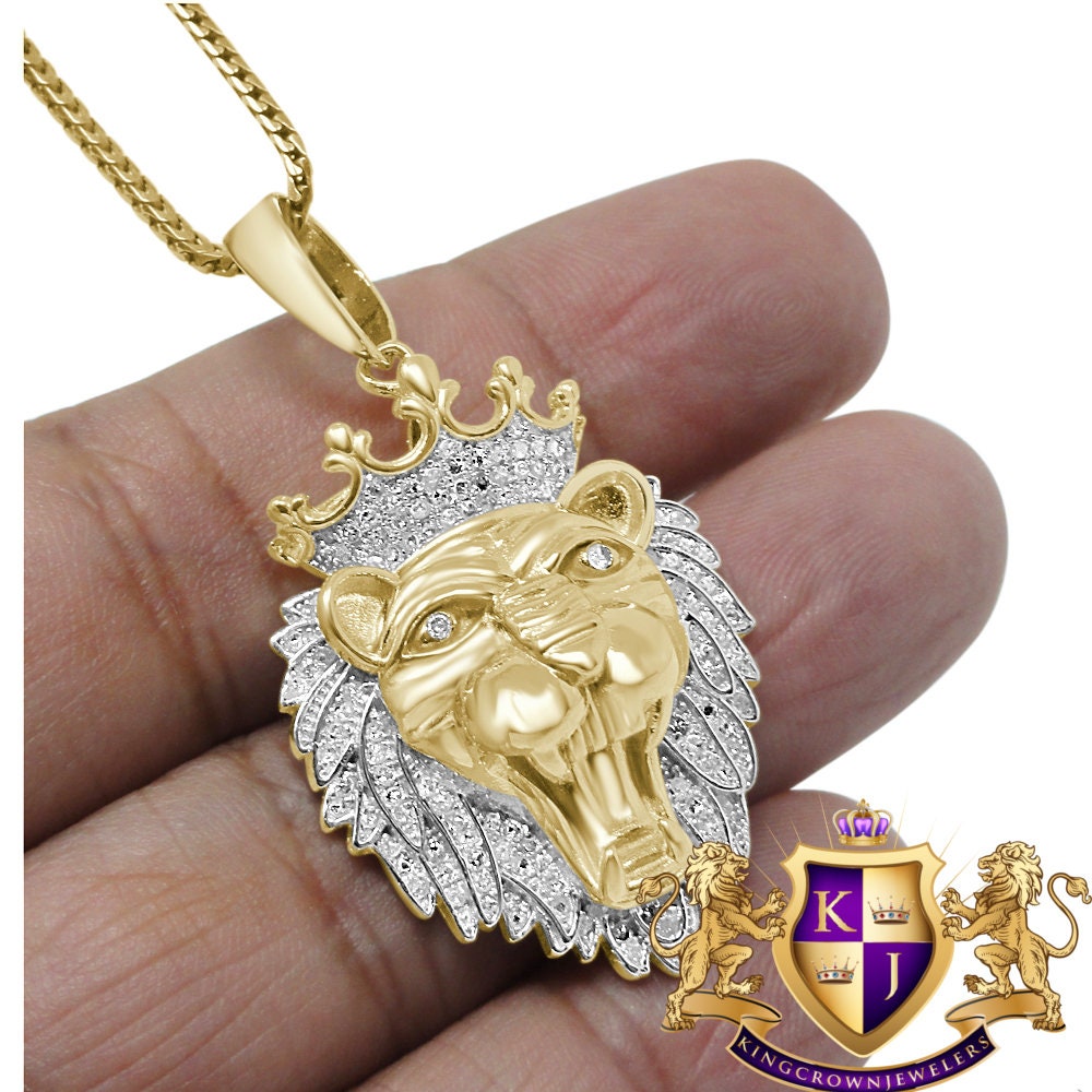 Real Genuine Authentic Diamond 1.00 Cwt. 15+ Grams Lion Head Crown Face Custom Piece Pendant Charm Chain Set 10K Yellow Gold Finish 1.80''