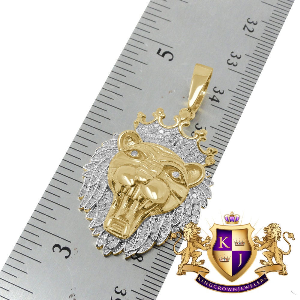Real Genuine Authentic Diamond 1.00 Cwt. 15+ Grams Lion Head Crown Face Custom Piece Pendant Charm Chain Set 10K Yellow Gold Finish 1.80''