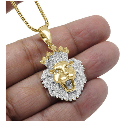 Real Genuine Authentic Diamond 0.75 Cwt. 15+ Grams Lion Head Crown Face Pendant 10K Gold Finish Custom Piece Charm Chain Neckless Set 1.65''