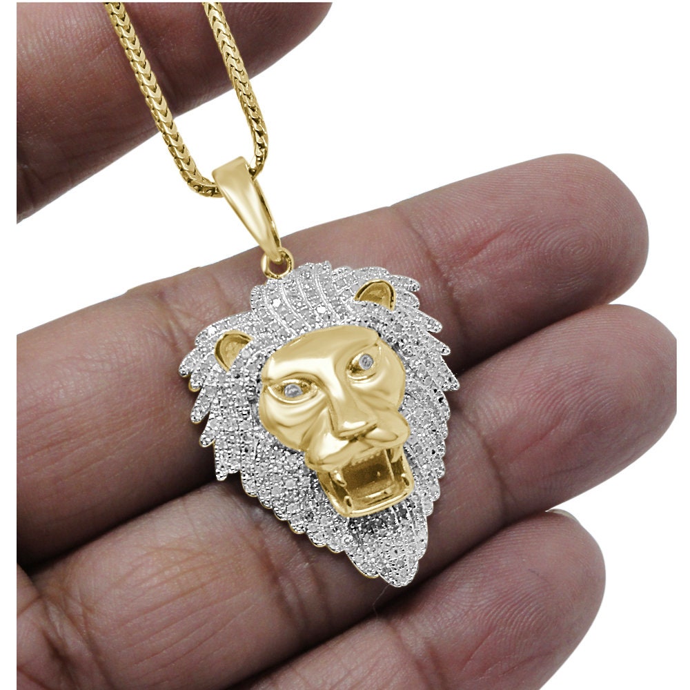 Real Genuine Authentic Diamond 0.65 Cwt. 12+ Grams Lion King Head Face Pendent 10K Gold Finish Men's Custom Piece Charm Chain Set 1.70''