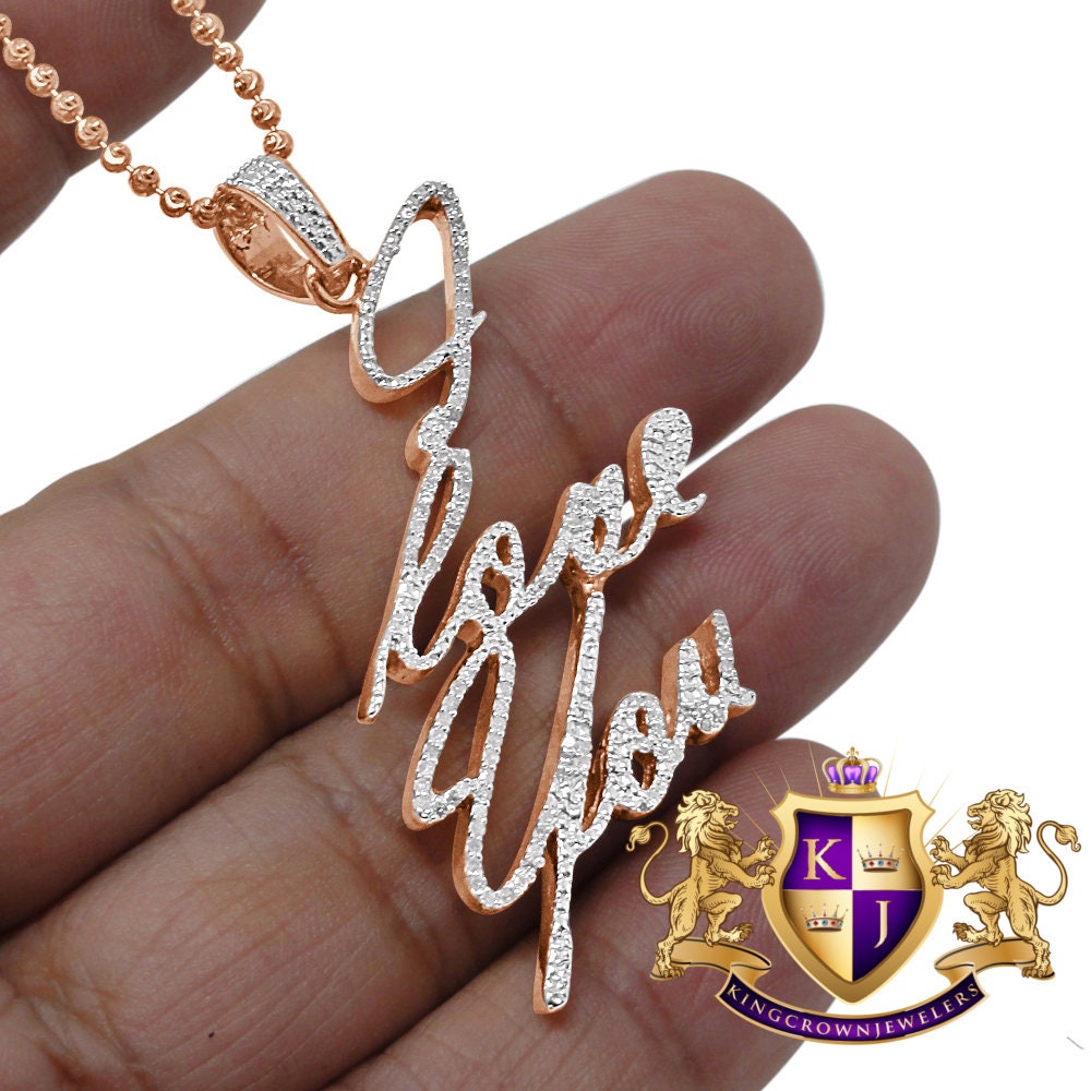 Real Genuine Diamond I LOVE YOU Name Plate Pendant Charm+ Chain 10k Rose Gold Finish