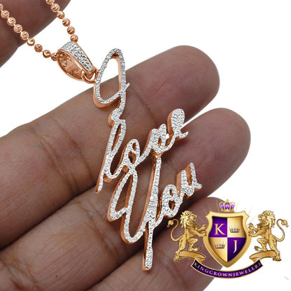 Real Genuine Diamond I LOVE YOU Name Plate Pendant Charm+ Chain 10k Rose Gold Finish