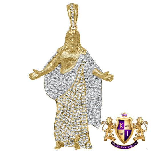 31+ Grams Big 3'' Real Genuine Sterling Silver 14k Gold Finish Jesus Christ Redeemer Statue Full Body Simulated Diamond Custom Charm Pendant