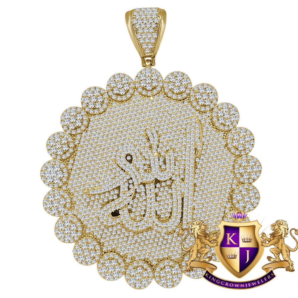 Exclusive Custom Piece Big XL 3.75'' Allah God Muslim Flower Medallion Simulated Diamond Gold Tone Pendent Charm