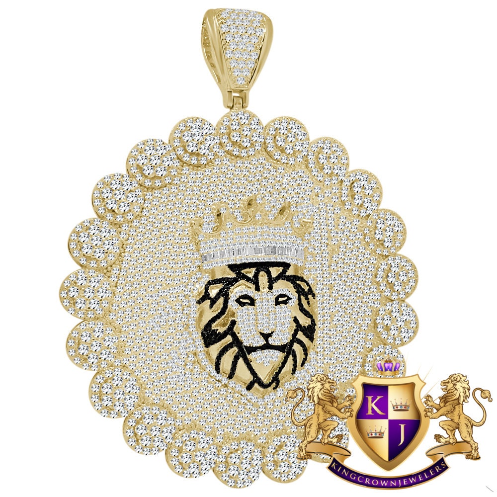 Big Jumbo 3.75'' Custom Piece Lion King Crown Head Flower Medallion Simulated Diamond Pendent Charm