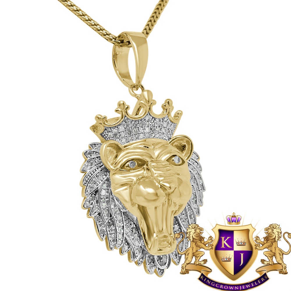 Real Genuine Authentic Diamond 1.00 Cwt. 15+ Grams Lion Head Crown Face Custom Piece Pendant Charm Chain Set 10K Yellow Gold Finish 1.80''