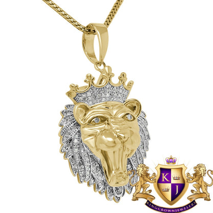 Real Genuine Authentic Diamond 1.00 Cwt. 15+ Grams Lion Head Crown Face Custom Piece Pendant Charm Chain Set 10K Yellow Gold Finish 1.80''