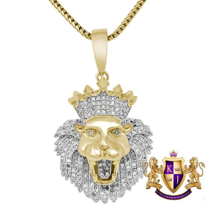 Real Genuine Authentic Diamond 0.75 Cwt. 15+ Grams Lion Head Crown Face Pendant 10K Gold Finish Custom Piece Charm Chain Neckless Set 1.65''