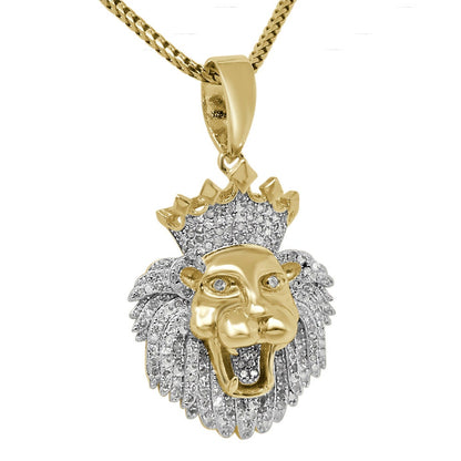 Real Genuine Authentic Diamond 0.75 Cwt. 15+ Grams Lion Head Crown Face Pendant 10K Gold Finish Custom Piece Charm Chain Neckless Set 1.65''
