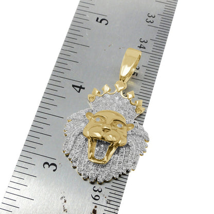 Real Genuine Authentic Diamond 0.75 Cwt. 15+ Grams Lion Head Crown Face Pendant 10K Gold Finish Custom Piece Charm Chain Neckless Set 1.65''