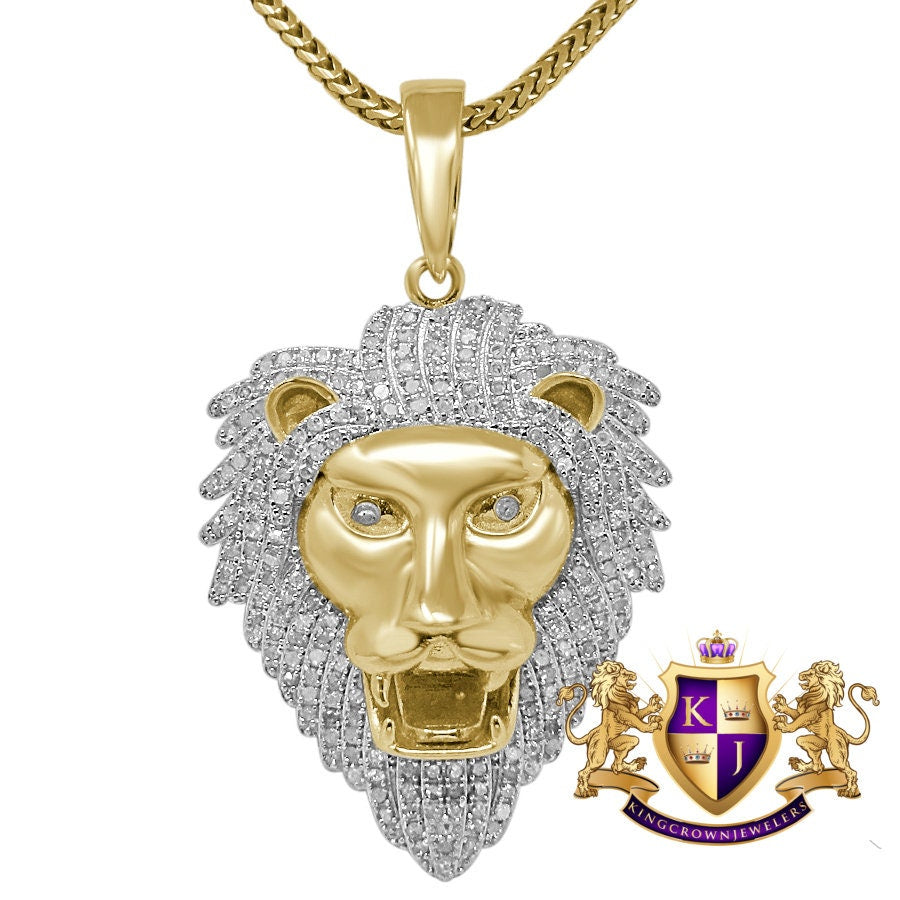 Real Genuine Authentic Diamond 0.65 Cwt. 12+ Grams Lion King Head Face Pendent 10K Gold Finish Men's Custom Piece Charm Chain Set 1.70''