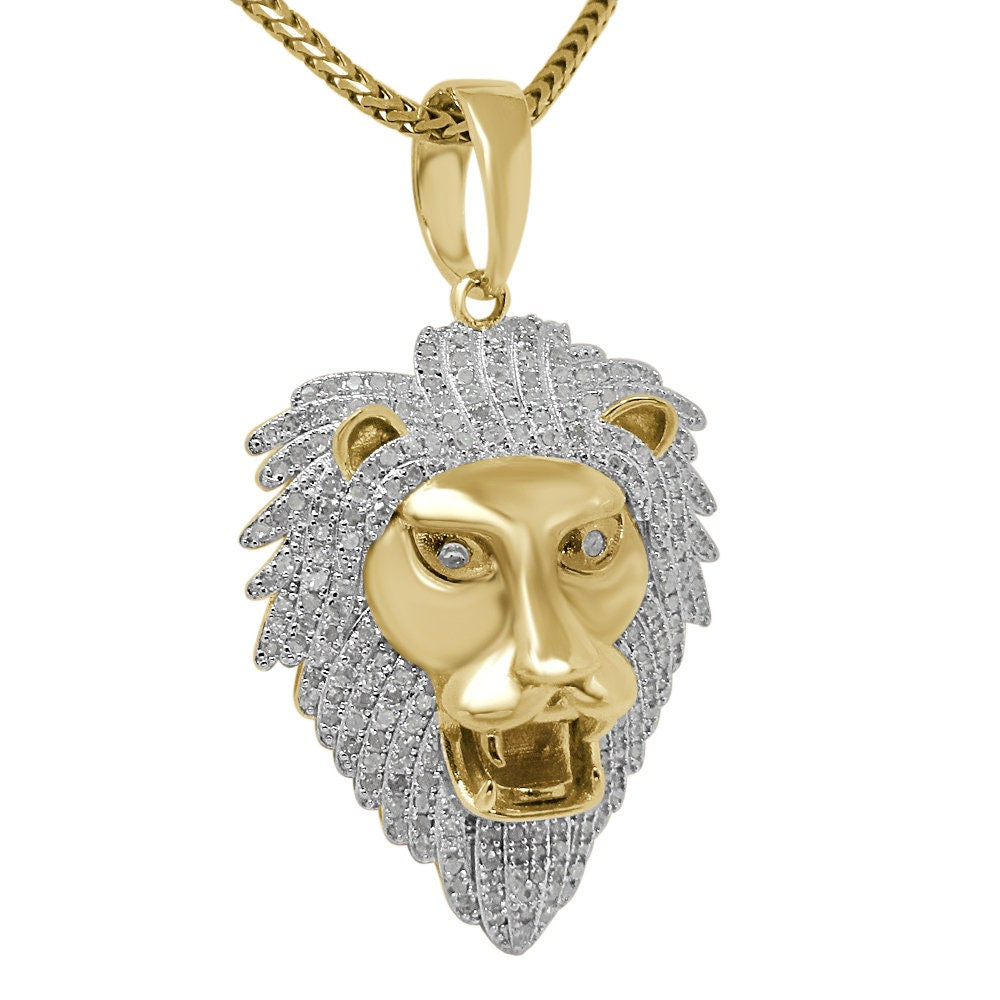 Real Genuine Authentic Diamond 0.65 Cwt. 12+ Grams Lion King Head Face Pendent 10K Gold Finish Men's Custom Piece Charm Chain Set 1.70''