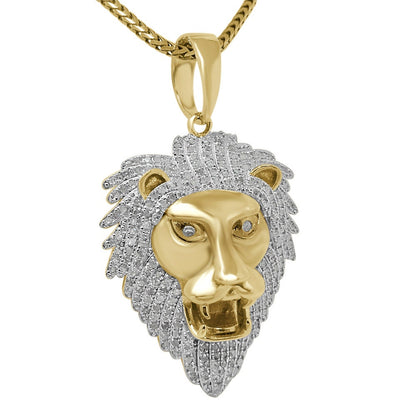 Real Genuine Authentic Diamond 0.65 Cwt. 12+ Grams Lion King Head Face Pendent 10K Gold Finish Men's Custom Piece Charm Chain Set 1.70''